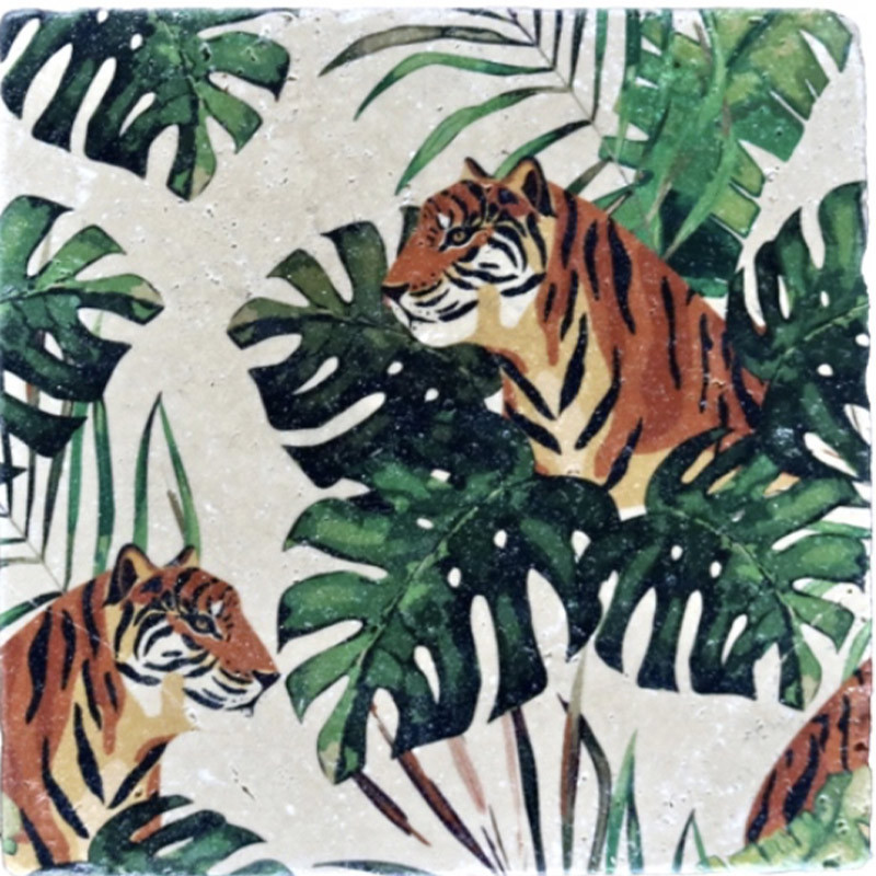 Pierre naturelle décorée travertin motif jungle 20 x 20 cm calcutta (1 pièce)