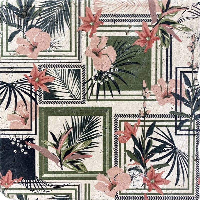 Pierre naturelle décorée 20 x 20 cm travertin motif Honolulu Printemps (1 pièce)