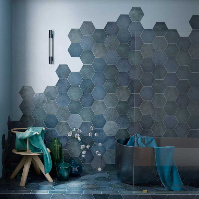 Carrelage hexagonal bleu 17,5 x 20 cm Tomette aspect terre cuite Heritage Indigo